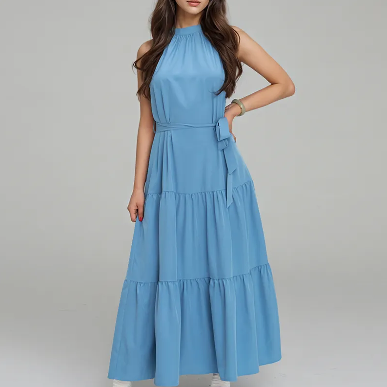 Women's Light Blue Halter Neck Tiered Maxi Dress – Elegant Flowing Summer Dress