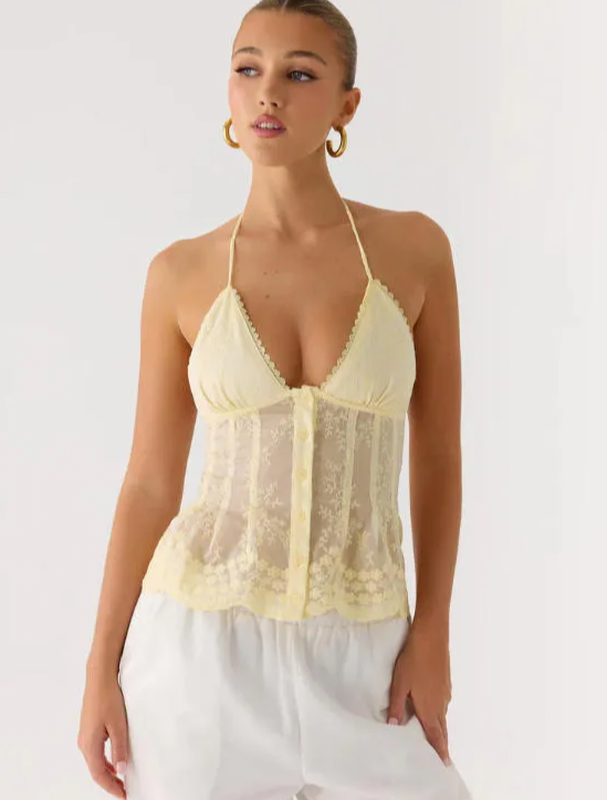 Elegant Lace Trim Halter Neck Top – Sheer Mesh Backless Tie-Back Cami