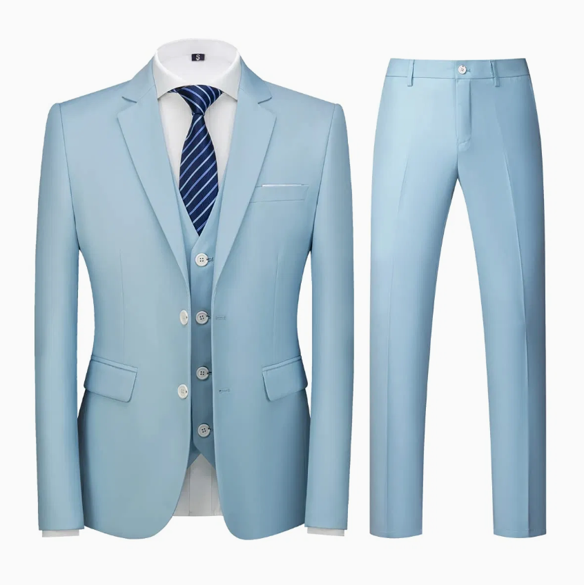 Men's 3-Piece Slim-Fit Tuxedo Suit – Two-Button Wedding, Prom Jacket, Vest & Trousers