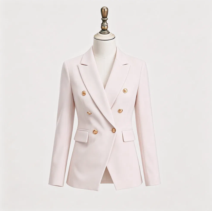 Women's Beige & Pink Double-Breasted Business Blazer – Elegant Formal Office Jacket