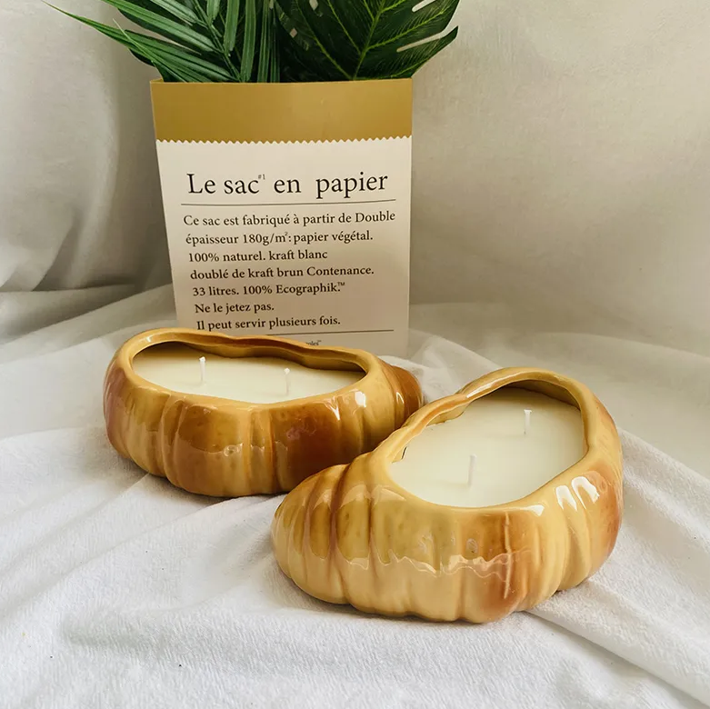 Cute Croissant-Shaped Ceramic Jar Dual-Wick Soy Wax Scented Candle
