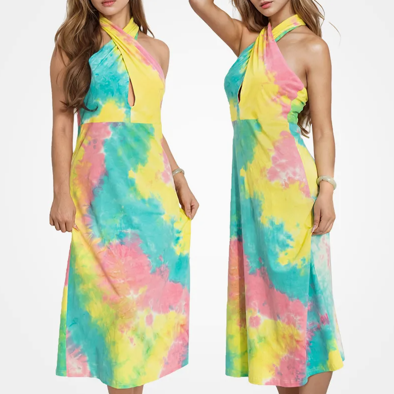 Women's Tie-Dye Bamboo Fiber Midi Dress – Eco-Friendly Sleeveless Halter Neck Summer Dress