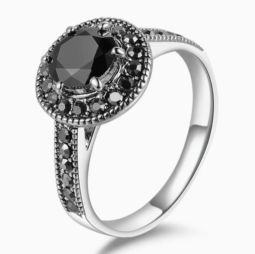 Women's Black Marcasite & Cubic Zirconia Cocktail Ring – Vintage-Inspired Statement Band