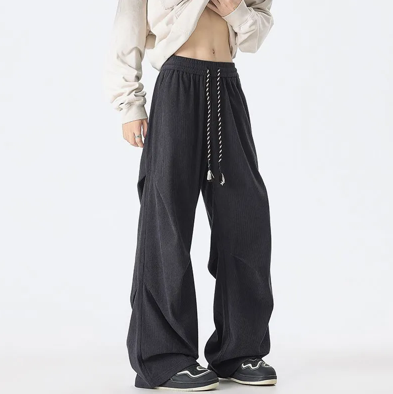 Men's Corduroy Loose-Fit Straight-Leg Pants – Casual Drawstring Trousers