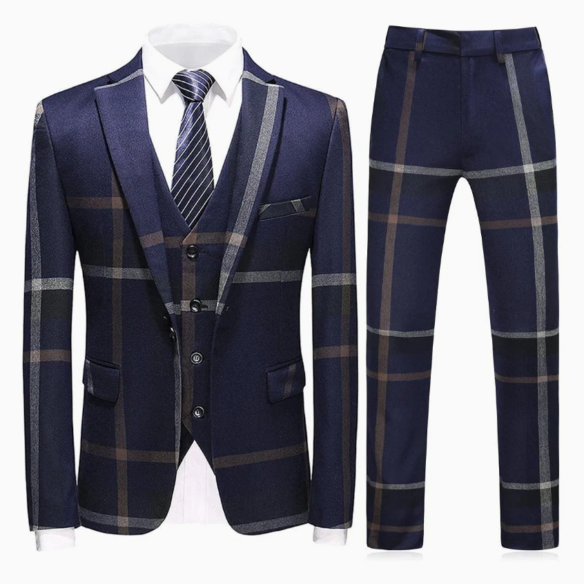 Men's 3-Piece Check Plaid Suit – Classic Mature Formal & Business Suit
