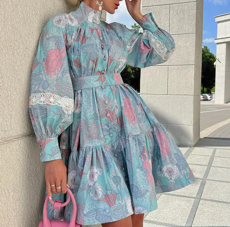 Women's Long-Sleeve High-Neck Printed Shirt Dress – Loose Swing Silhouette