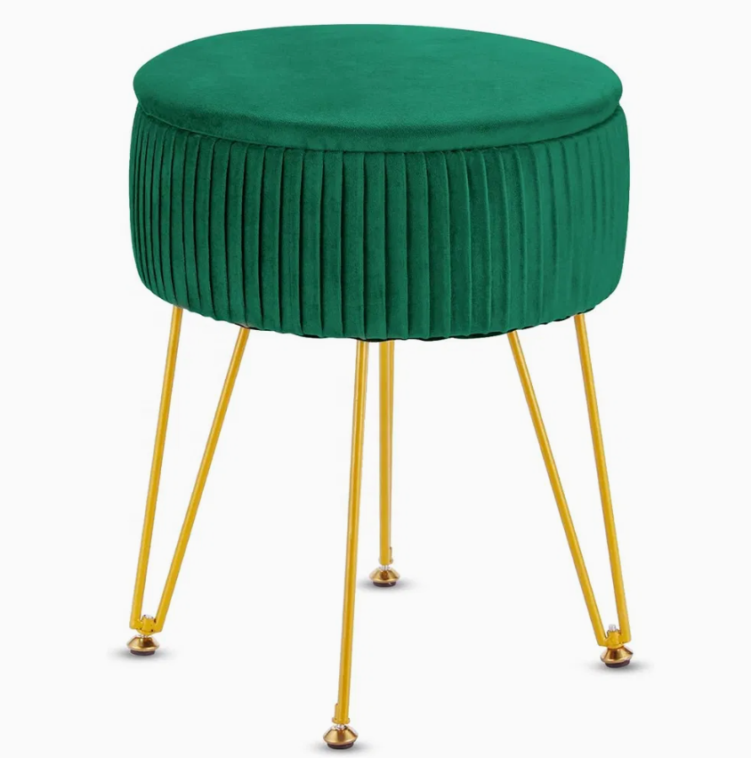 Glam Ivory Velvet Pleated Stool – Round Ottoman with Gold Tapered Legs