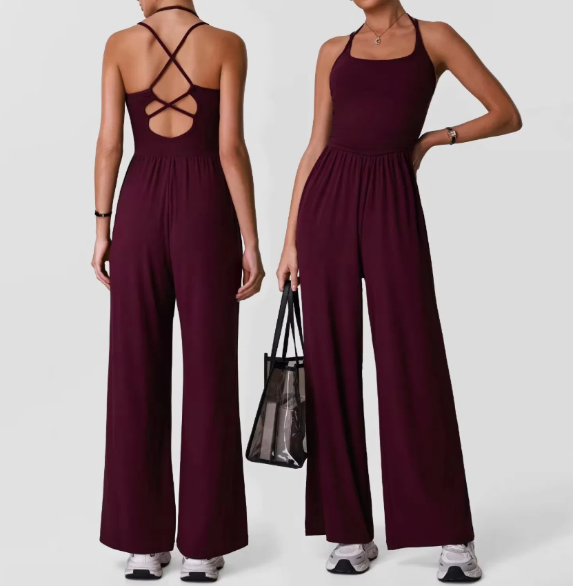 Women's Criss-Cross Yoga Jumpsuit – Hollow-Back Wide-Leg Fitness & Activewear Romper