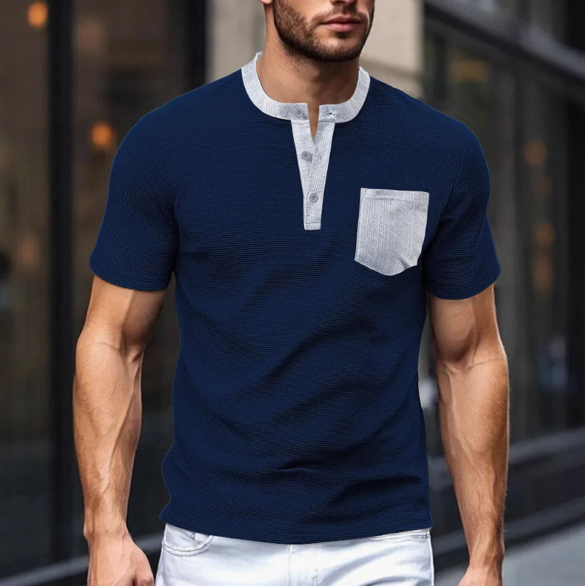 Men's Short Sleeve Waffle Textured Henley Shirt with Contrast Collar & Pocket