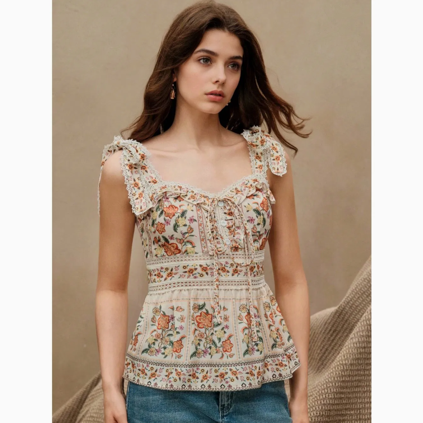Women's Bohemian Floral Print Lace Trim Peplum Cami Top