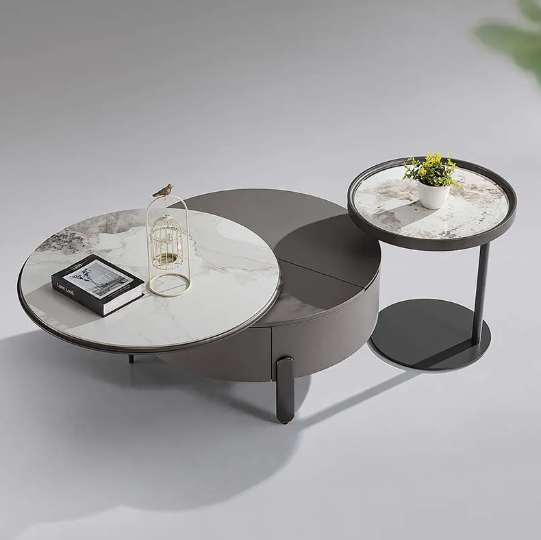 Modern Round Marble Side Coffee Table – Gold & Silver Stainless Steel Luxury Accent Table