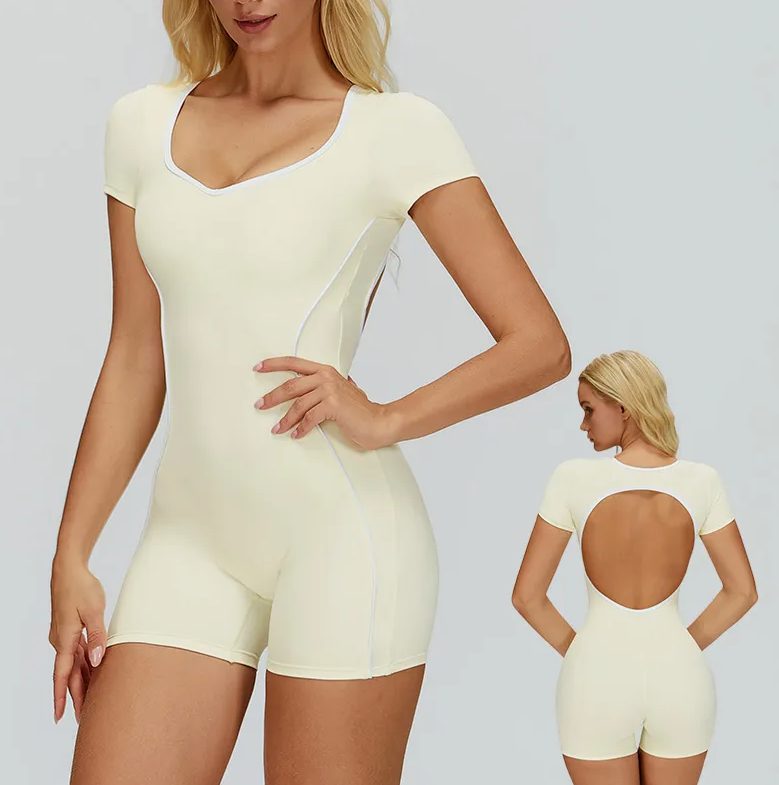 Women's Sweetheart Neck Open-Back Jumpsuit – Contrast Piping Athletic Fitness Bodysuit